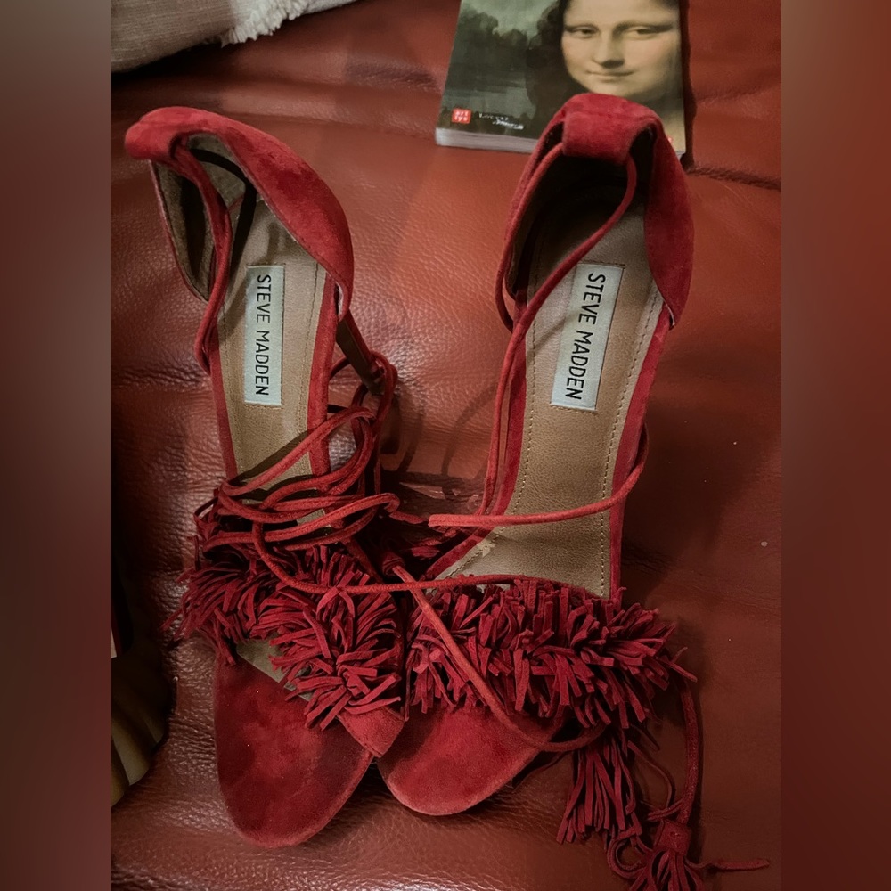 Red suede ankle strap heels